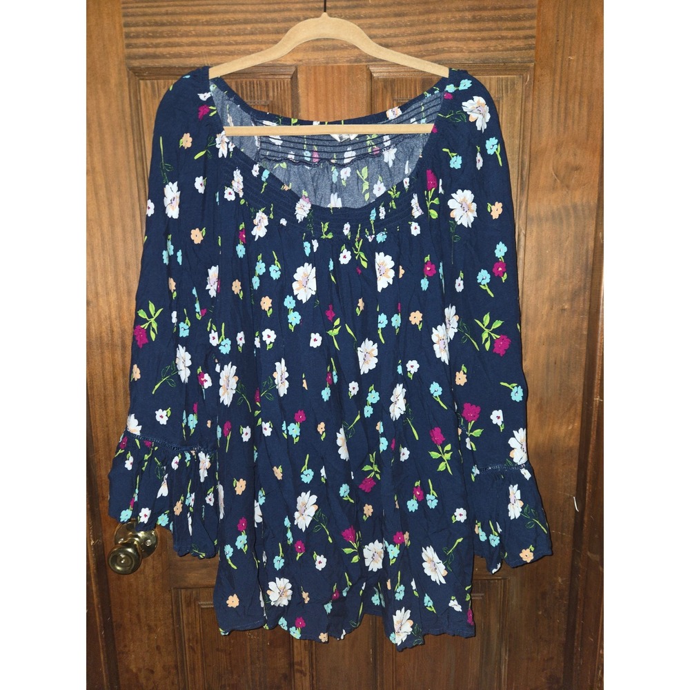 Terra & Sky Womens 4X Navy Blue Floral Smocked Off Shoulder Bell Sleeve Blouse - Picture 1 of 4